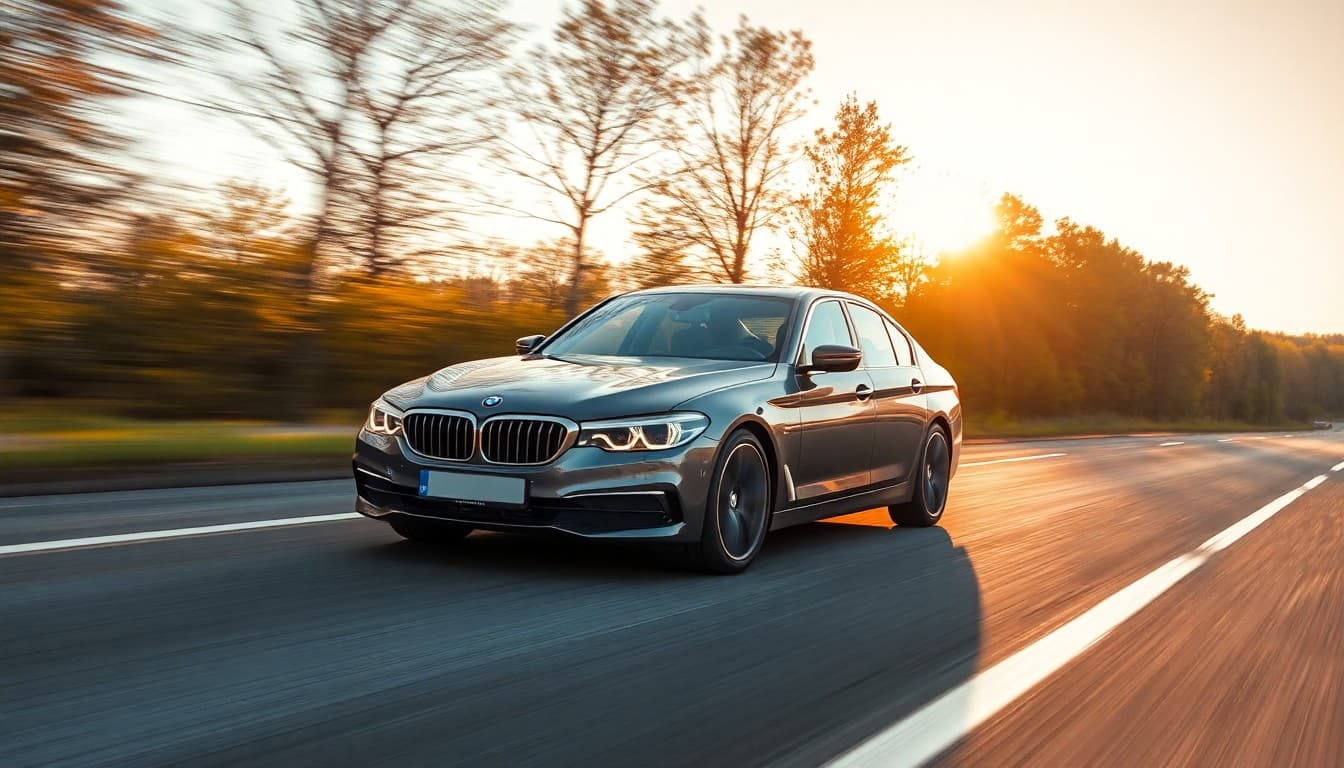 BMW Série 5 grise roulant sur une autoroute allemande au coucher du soleil