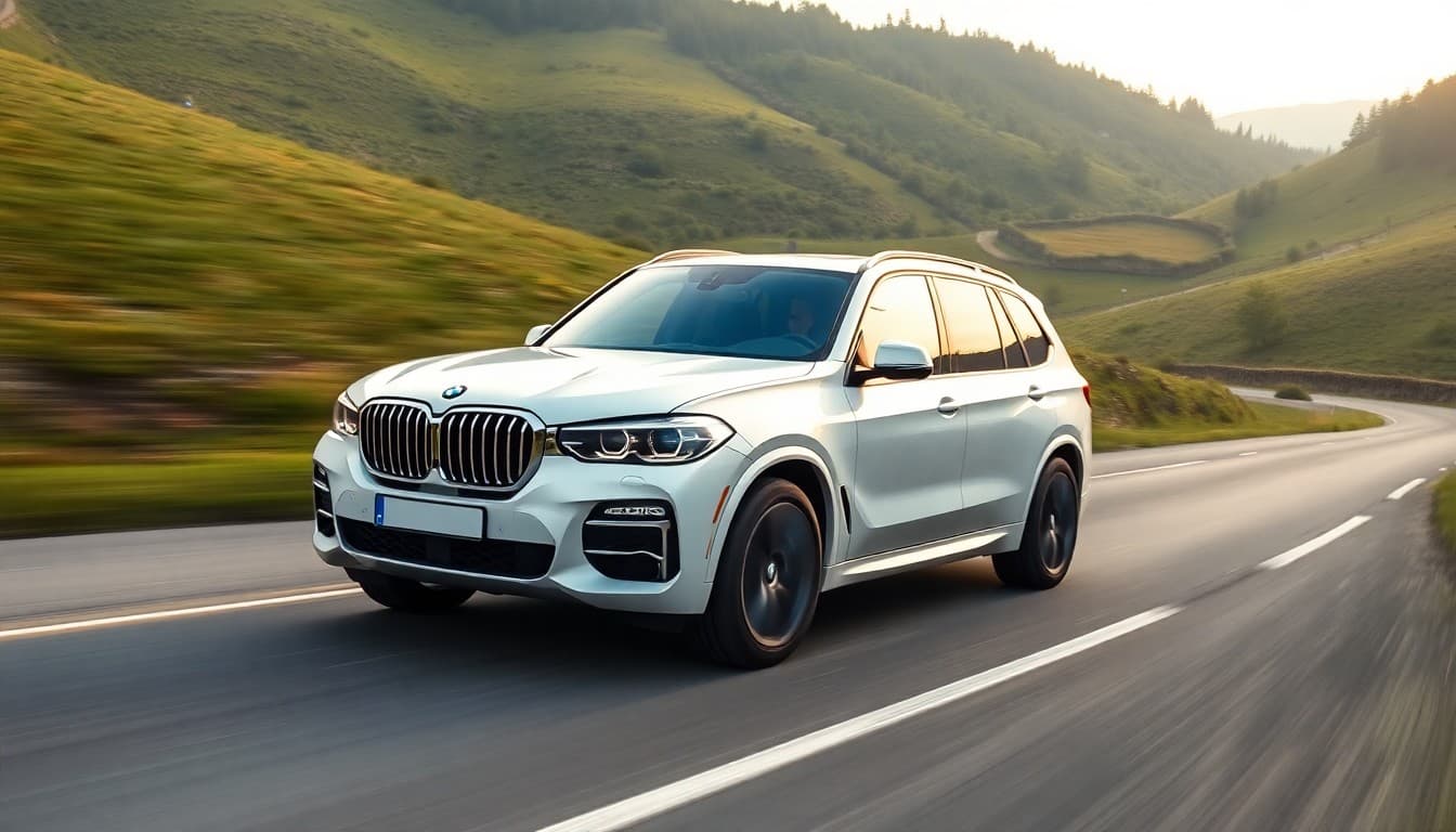 BMW X5 blanche roulant sur une route de campagne bavaroise